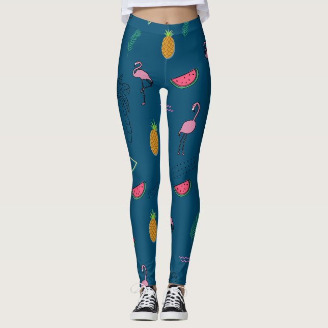 Nahtlose tropische Muster mit Flamingo-Ananas Leggings (Vorderseite)