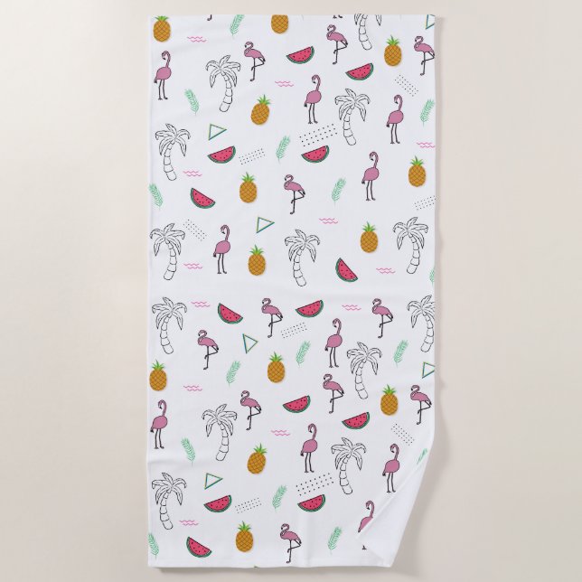 Nahtlose tropische Muster mit Flamingo-Ananas Strandtuch (Vorderseite)