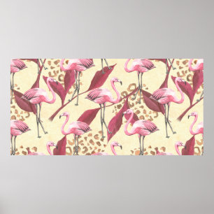 Nahtlose tropische Muster mit rosa Flamingo, Lev Poster