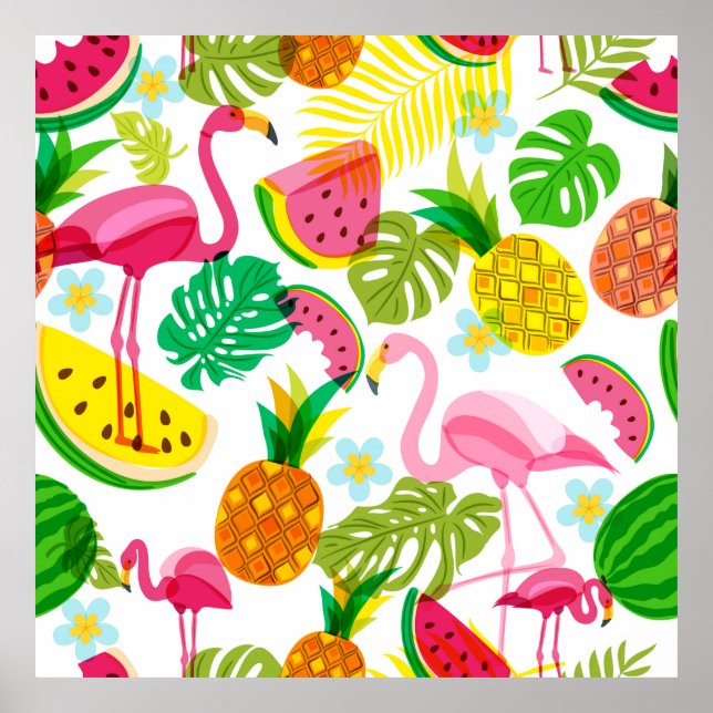 Nahtlose tropische Muster mit rosa Flamingo, Palme Poster (Vorne)