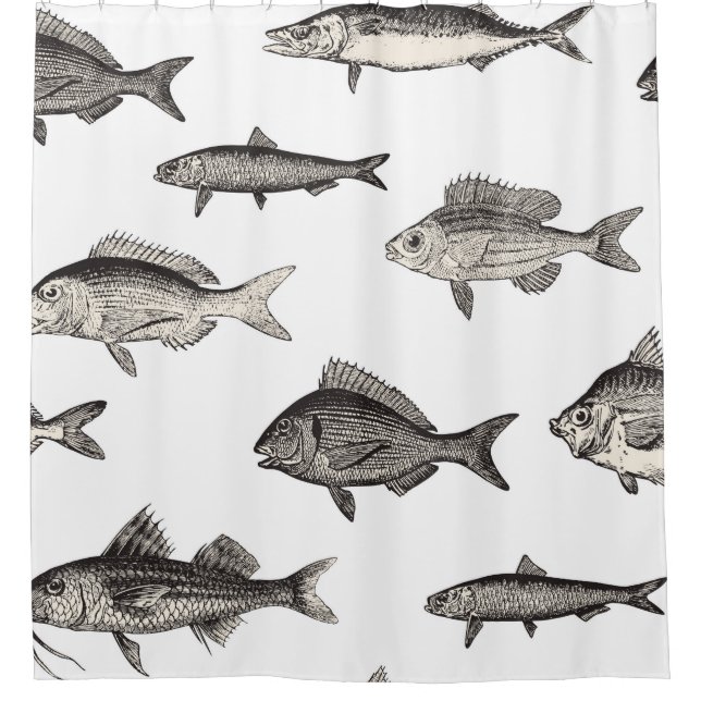 Nahtlose Vintage Fischgemusterung, Fische, Patter Duschvorhang (Vorderseite)