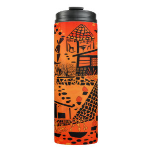 Nahtlose Wüstenlandschaft mit schwarzen Orangen Thermosbecher
