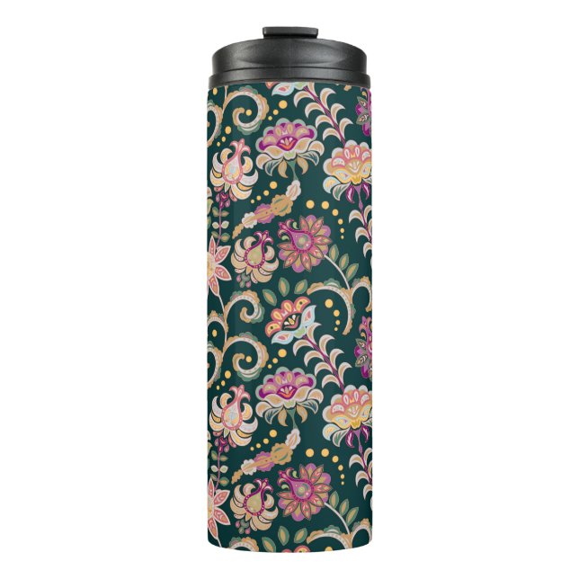 Nahtloser blumiger Hintergrund. Rosa Blume und Pac Thermosbecher (Vorderseite)