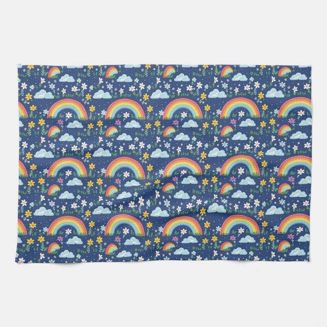 Nahtloser Regenbogen, Blume und Wolkenmuster Geschirrtuch (Horizontal)