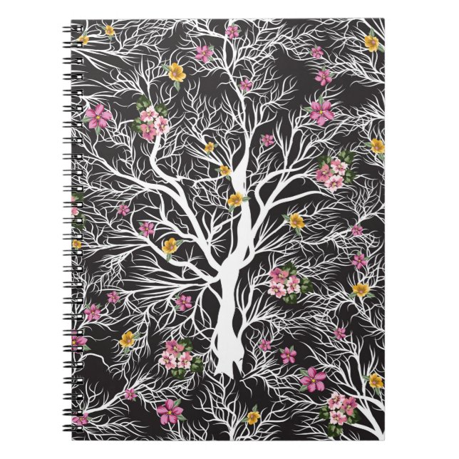 nahtloser Schwarzer Baum mit farbigen Blume Notizblock (Vorderseite)
