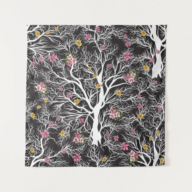 nahtloser Schwarzer Baum mit farbigen Blume Wandteppich (Vorderseite)