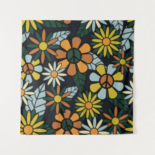 Nahtloses 70er Retro-Hippie-Blumenmuster - Vinta Wandteppich
