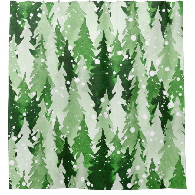 Nahtloses Aquarellmuster mit grünen Kiefern  Duschvorhang (Vorderseite)