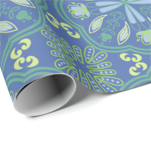 Nahtloses blaues und grünes Blumenmuster  Geschenkpapier