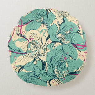 nahtloses Blumenmuster mit blauer Orchidee, Rundes Kissen