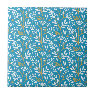 Nahtloses Blumenmuster: Weiß und Gold auf Blau Fliese