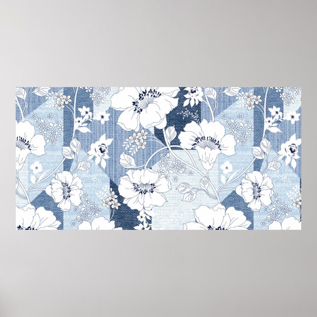 Nahtloses Denim-Patchwork für die Blume Poster (Vorne)