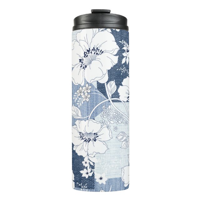 Nahtloses Denim-Patchwork für die Blume Thermosbecher (Vorderseite)