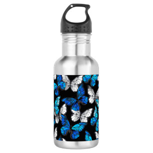 Nahtloses dunkles Muster mit blauen Schmetterlinge Edelstahlflasche