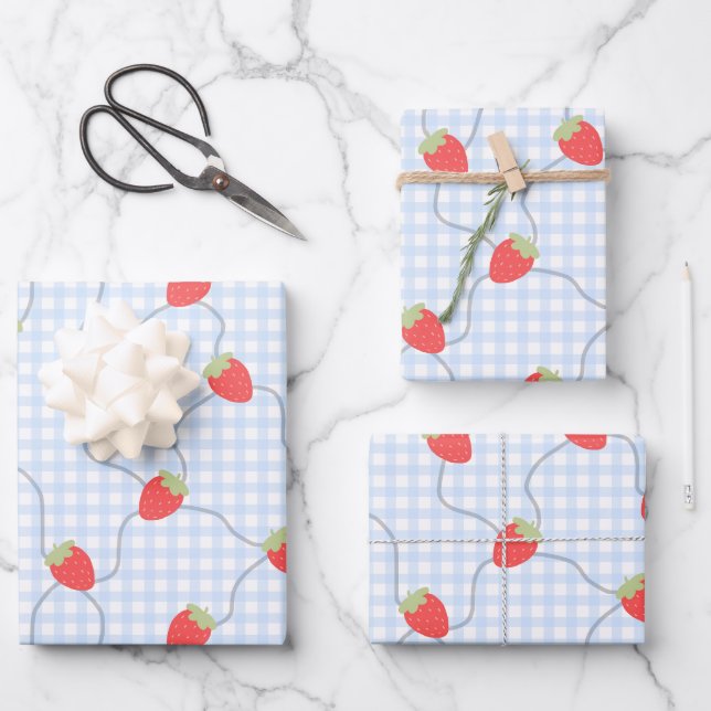 Nahtloses Erdbeer-Gingham-Muster Geschenkpapier Set (Vorderseite)