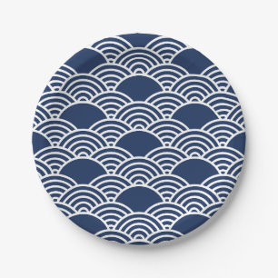 Nahtloses japanisches Wellenmuster mit Marineblau  Pappteller