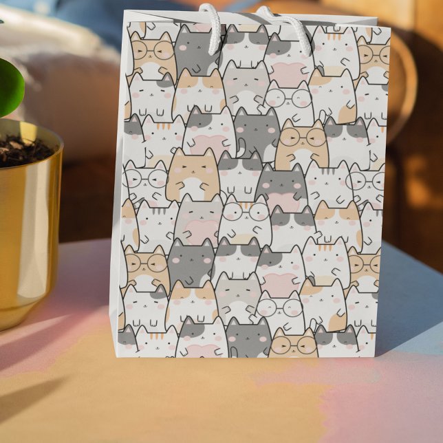 Nahtloses Kawaii Niedlich Cats Muster Mittlere Geschenktüte (Seamless Kawaii Cute Cats Pattern Medium Gift Bag)