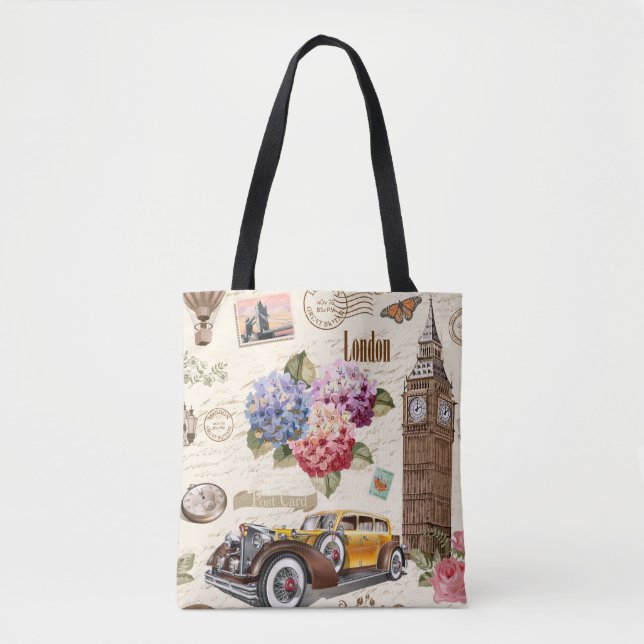 Nahtloses Londoner Vintages Ambiente mit Retroauto Tasche (Vorderseite)