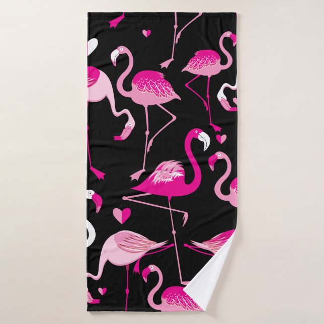Nahtloses Muster aus rosa Flamingos auf dunklem Ba Badehandtuch (Badehandtuch)