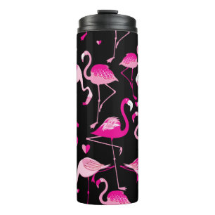 Nahtloses Muster aus rosa Flamingos auf dunklem Ba Thermosbecher