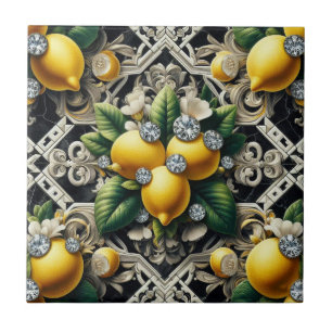 Nahtloses Muster B&W Art Deco Zitronen und Diamant Fliese