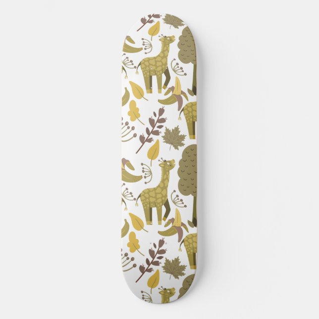 Nahtloses Muster Giraffe, gelber weißer Hintergrun Skateboard (Vorderseite)