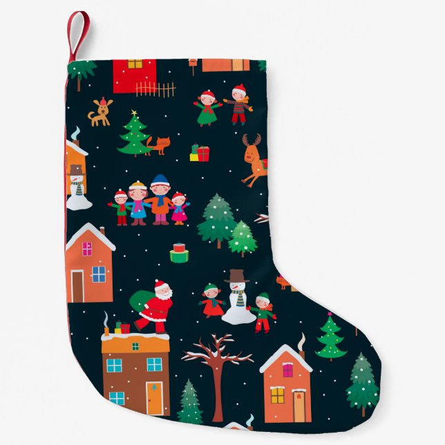 Nahtloses Muster glücklicher Weihnachtszeit in ein Kleiner Weihnachtsstrumpf (Vorderseite)