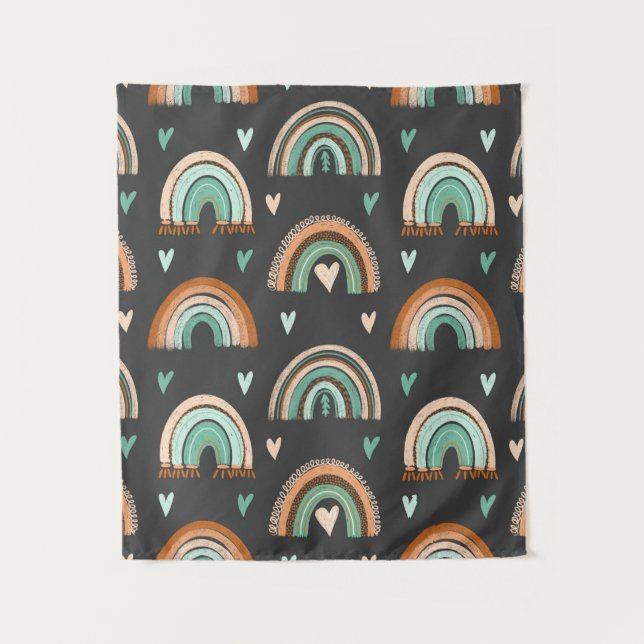 Nahtloses Muster handgezogener Herzen und boho rai Wandteppich (Vorderseite)