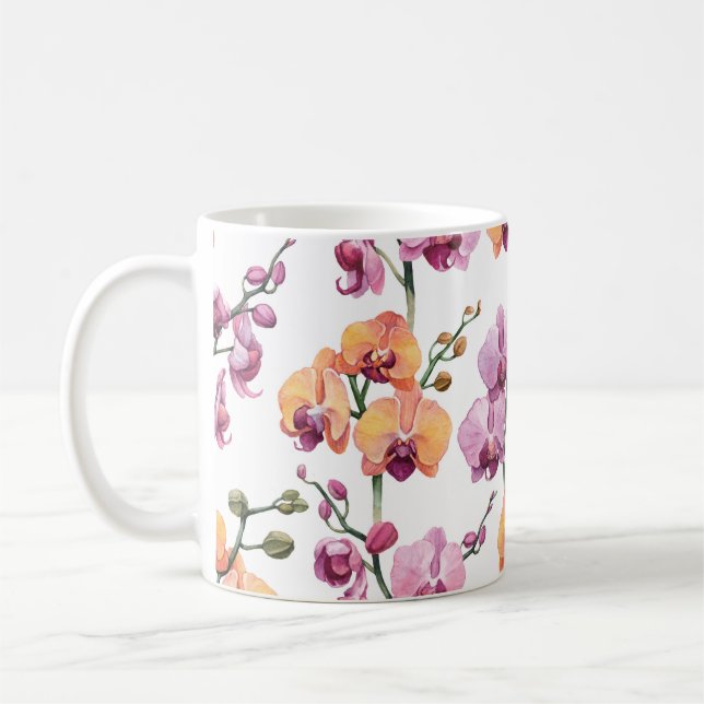 Nahtloses Muster mit Aquarellorchideen-Blume  Kaffeetasse (Links)