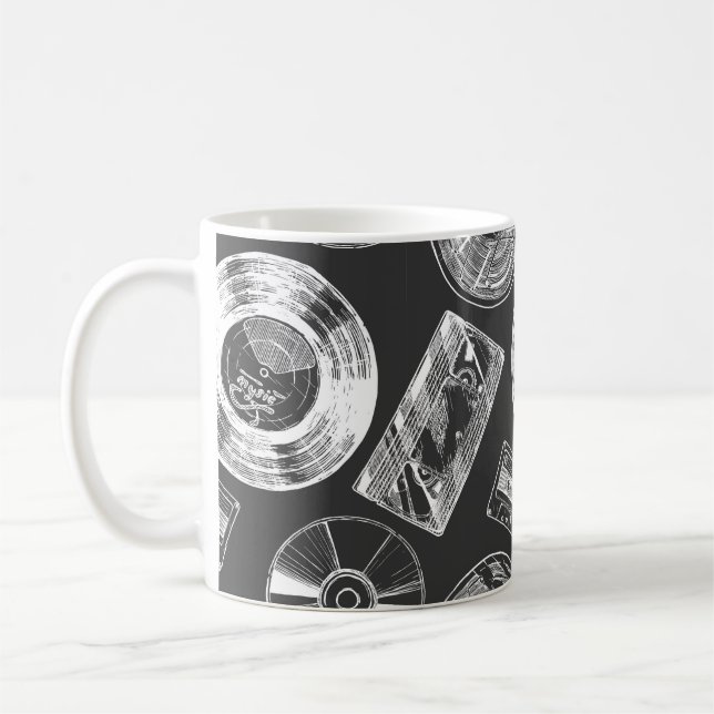 Nahtloses Muster mit Audio- und Videoträgern. Vi Kaffeetasse (Links)