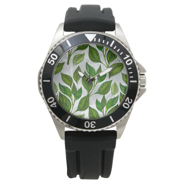 Nahtloses Muster mit Blätter aus grünem Tee Armbanduhr (Vorderseite)