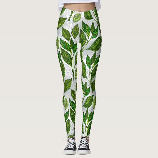 Nahtloses Muster mit Blätter aus grünem Tee Leggings (Vorderseite)