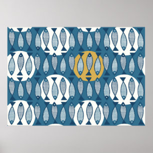 Nahtloses Muster mit blauem Fisch, von Skandi insp Poster