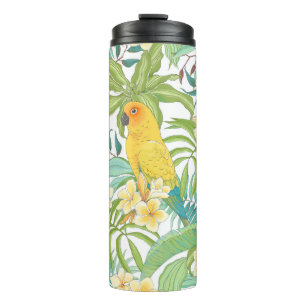 Nahtloses Muster mit Blume Plumeria, Blätter und  Thermosbecher