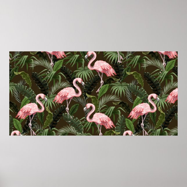 Nahtloses Muster mit Flamingo- und tropischen Blät Poster (Vorne)