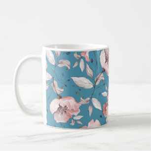Nahtloses Muster mit Frühlingsblumen und Blätter. Kaffeetasse