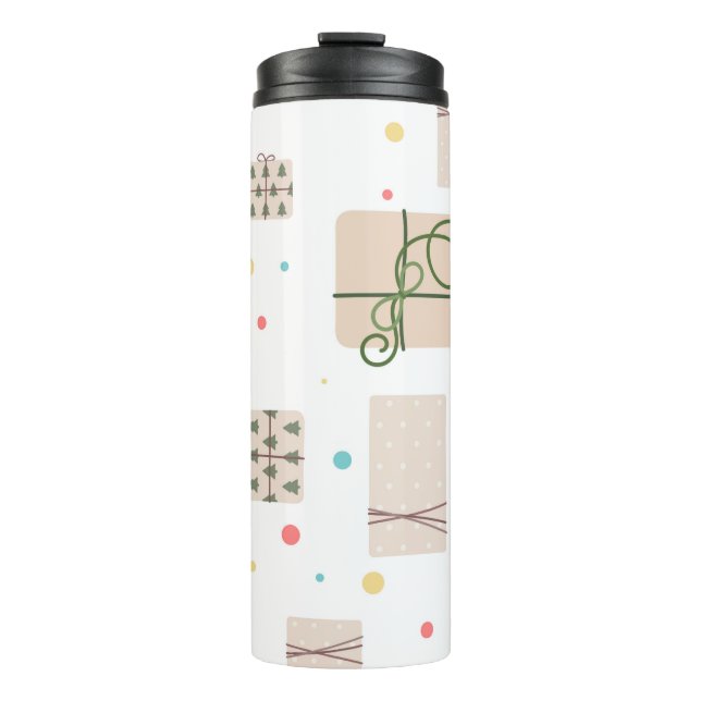 Nahtloses Muster mit Geschenkboxen. Geschenke  Thermosbecher (Vorderseite)