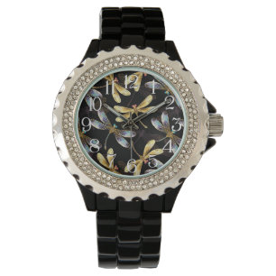 Nahtloses Muster mit goldenen Libellen Armbanduhr