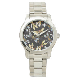 Nahtloses Muster mit goldenen Libellen Armbanduhr