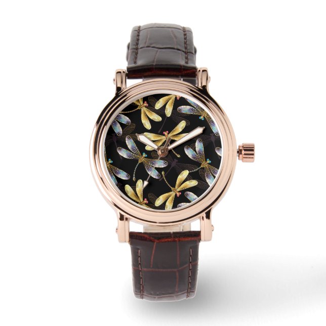 Nahtloses Muster mit goldenen Libellen Armbanduhr (Vorderseite)