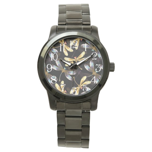 Nahtloses Muster mit goldenen Libellen Armbanduhr (Vorderseite)