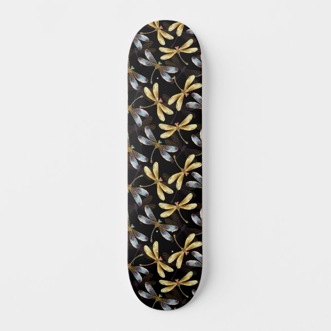 Nahtloses Muster mit goldenen Libellen Skateboard (Vorderseite)