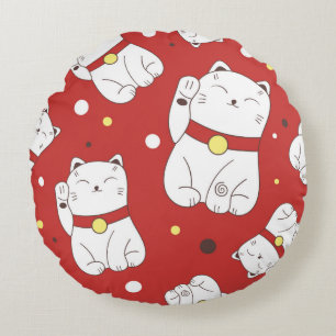 Nahtloses Muster mit handgezeichneter Maneki-Neko- Rundes Kissen