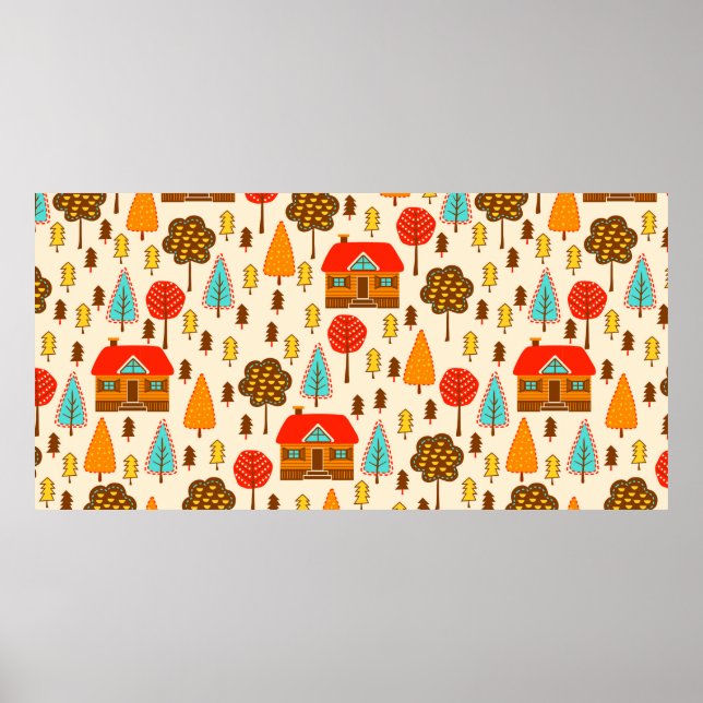 Nahtloses Muster mit Häusern im Wald. Vintag Poster (Vorne)