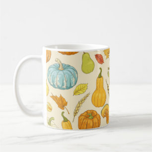 Nahtloses Muster mit Kürbis, Herbstblättern, ca Kaffeetasse