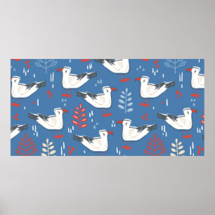 Nahtloses Muster mit laufendem Möwe. Vogel und ver Poster
