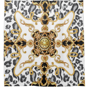 Nahtloses Muster mit Leoparden und goldenem Barren Duschvorhang