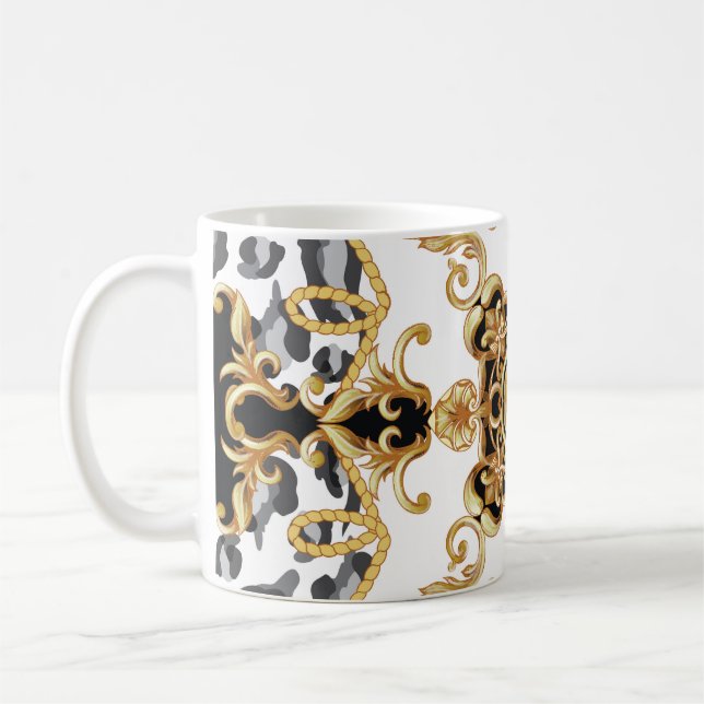 Nahtloses Muster mit Leoparden und goldenem Barren Kaffeetasse (Links)