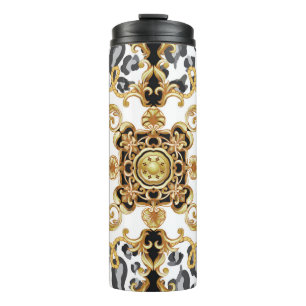 Nahtloses Muster mit Leoparden und goldenem Barren Thermosbecher