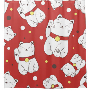 Nahtloses Muster mit Maneki-Neko-Katzenhand gezoge Duschvorhang